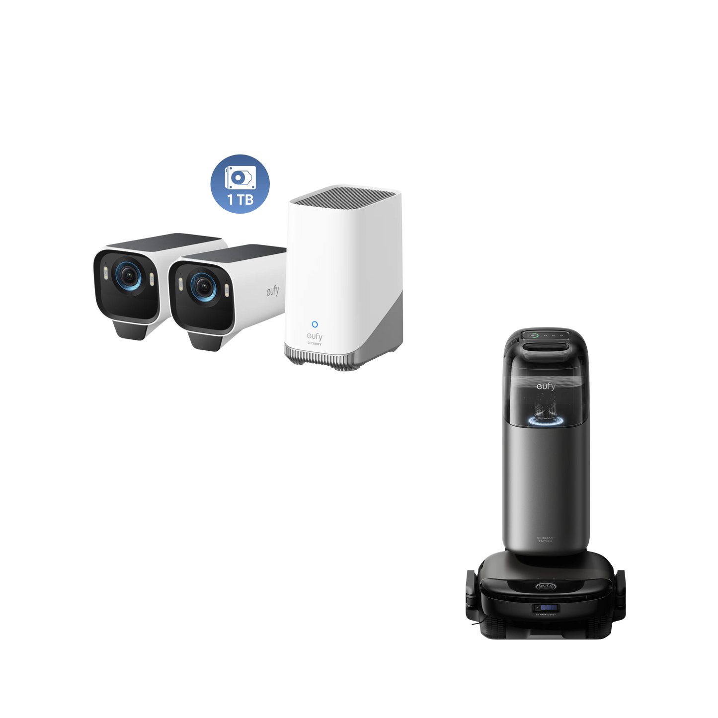 eufy Robot aspirateur Omni S1 Pro + Kit de 2 caméras eufyCam S3 Pro + Disque dur 1 To