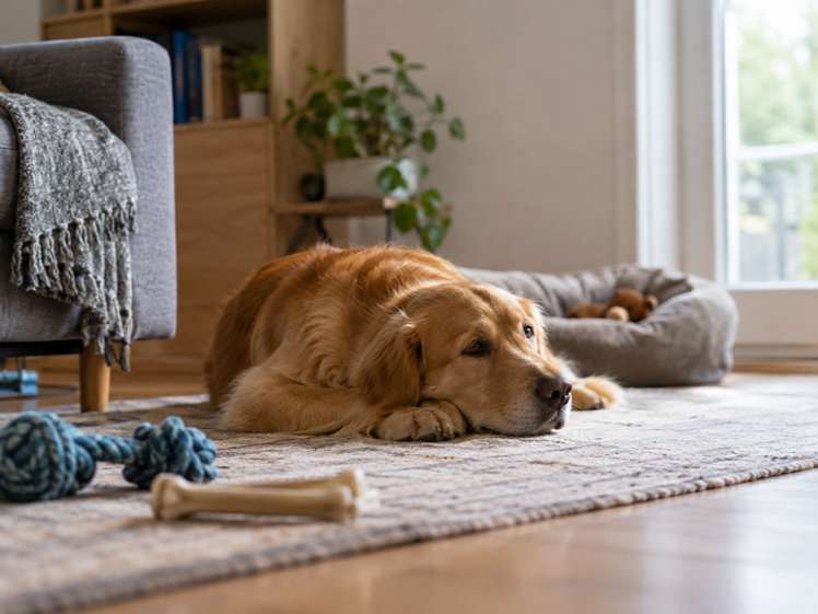 Un chien est couché sur un tapis