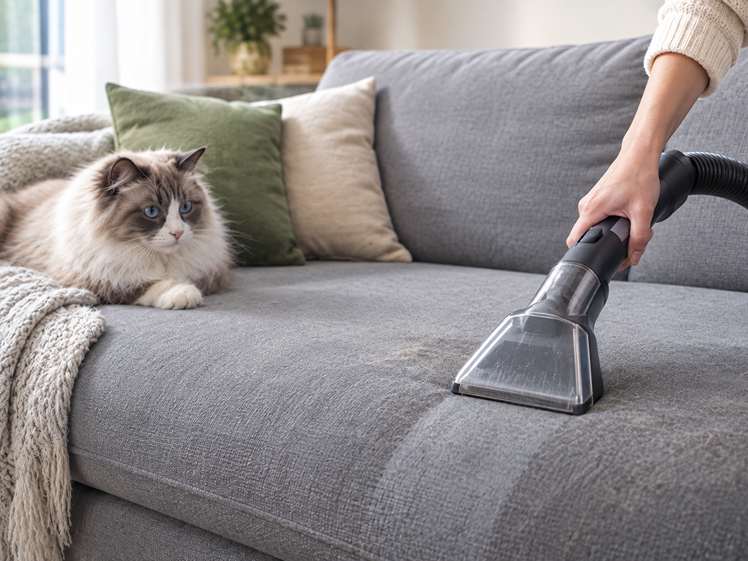 Chat reste sur le canapé en cours de nettoyage