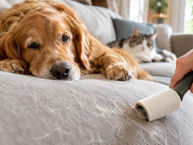 Chien et chat regardent le dépoussiérage du canapé