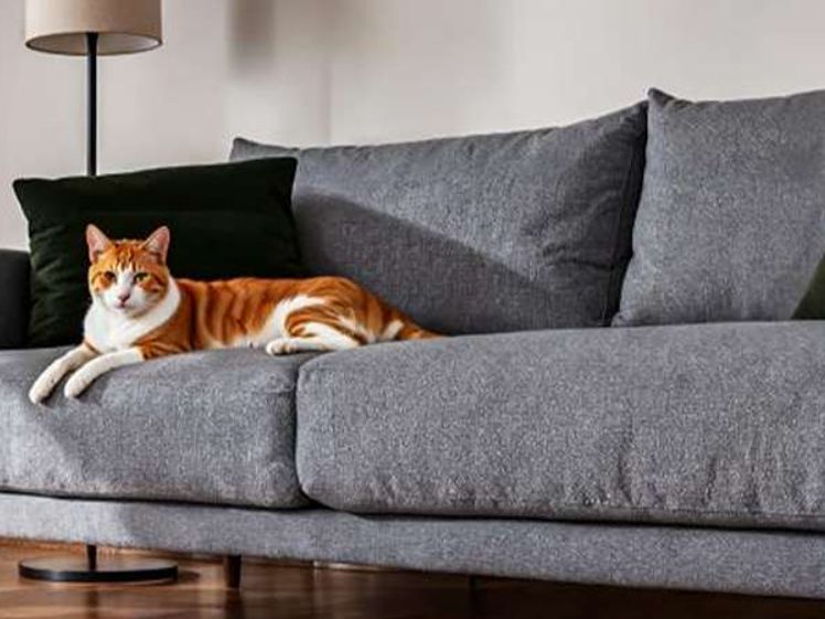 Chat au repos sur canapé gris