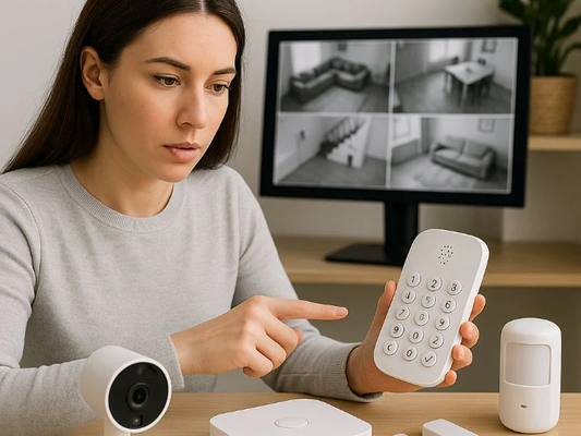 une femme montrant un kit d'alarme maison