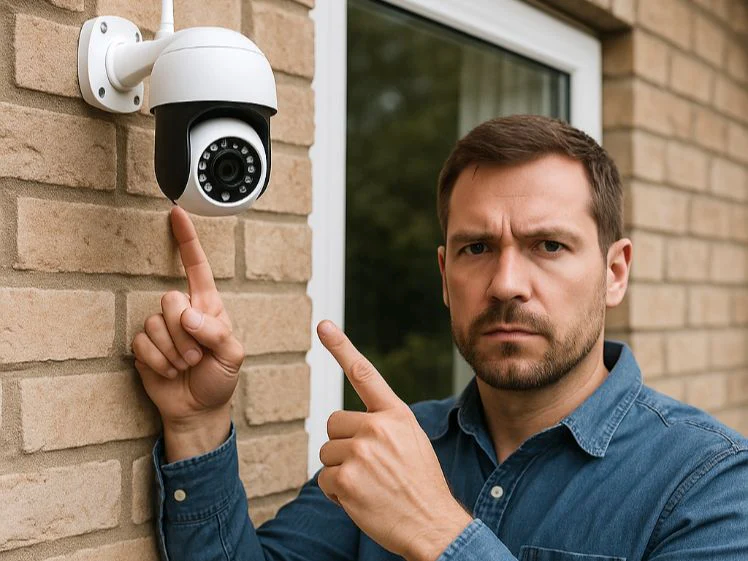Un homme présentant sa caméra de surveillance à l’extérieur