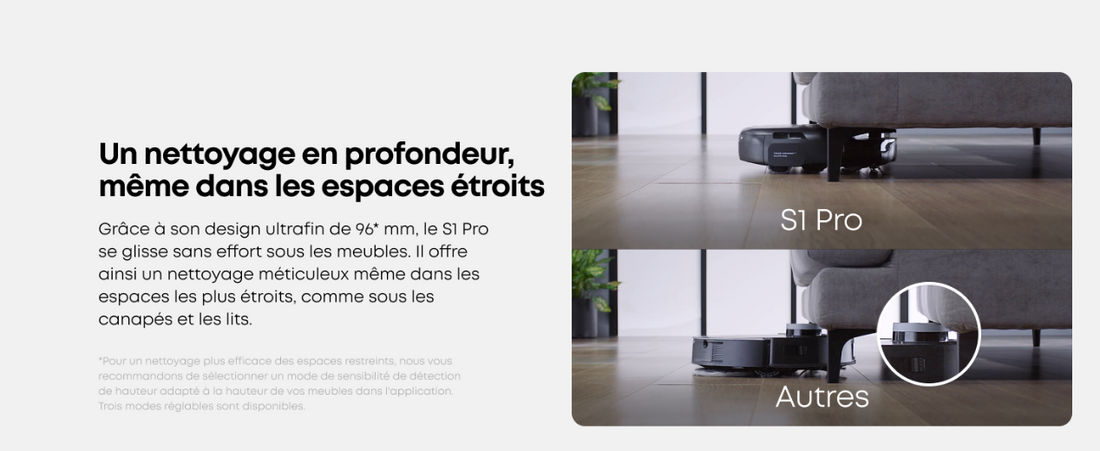 Robot S1 Pro nettoyant sous un canapé.