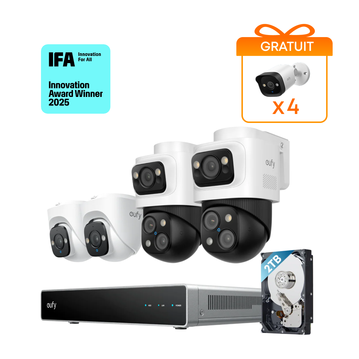 eufy Système de sécurité NVR PoE S4, 2 caméras Bullet PTZ et 2 caméras tourelle