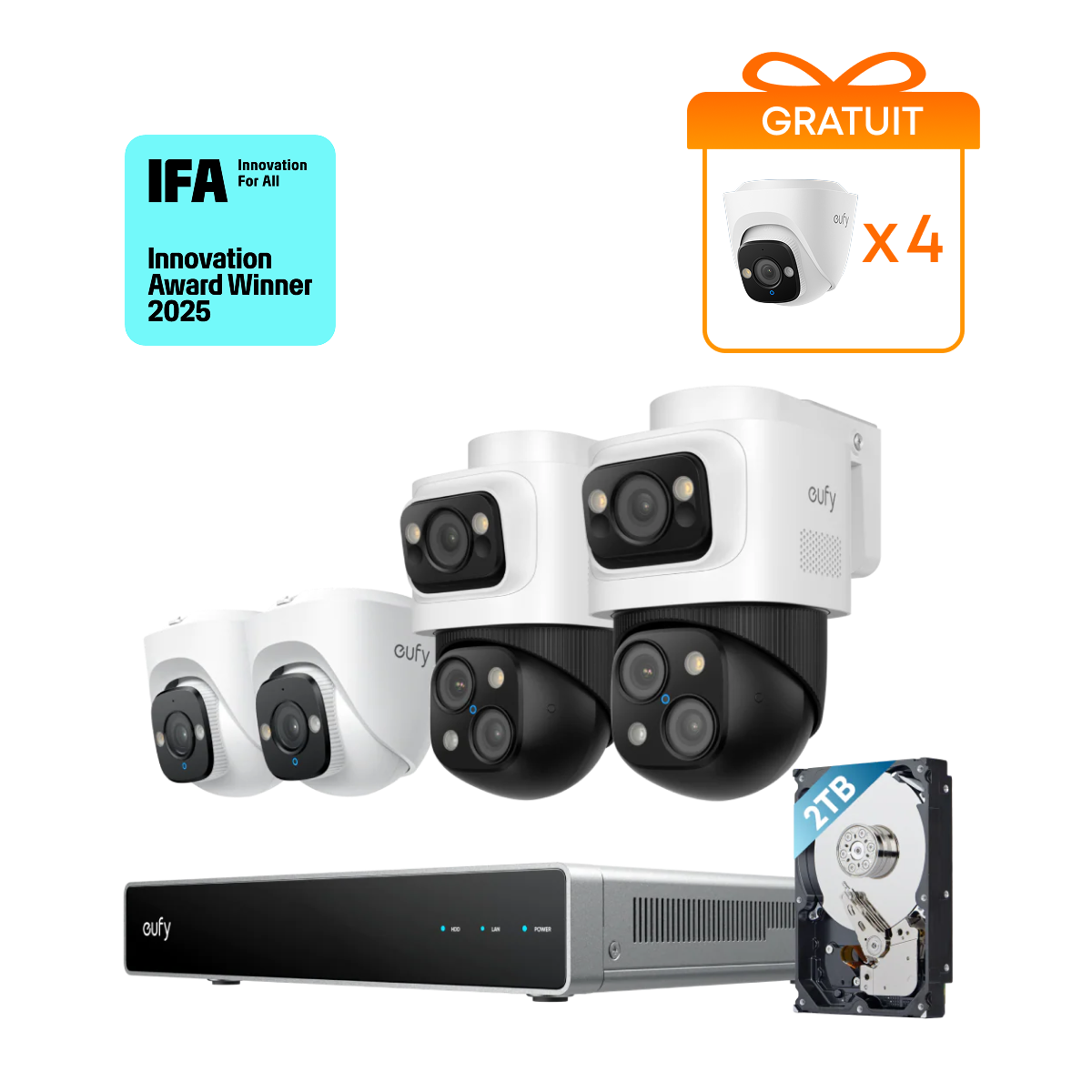 eufy Système de sécurité NVR PoE S4, 2 caméras Bullet PTZ et 2 caméras tourelle