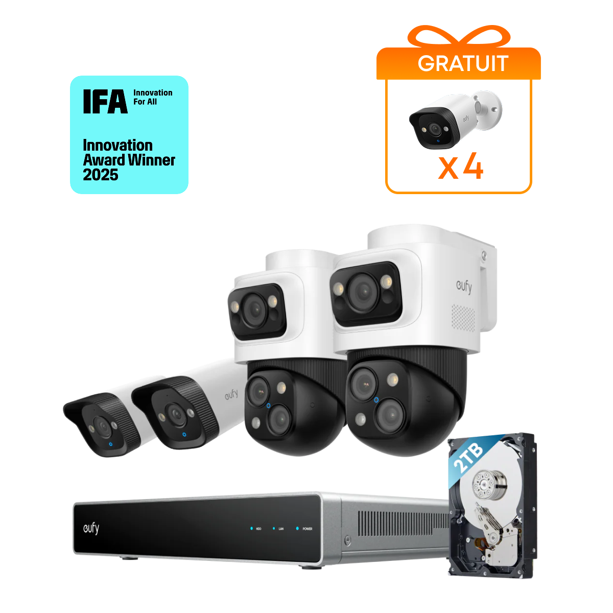 eufy Système de sécurité NVR PoE S4, 2 caméras Bullet PTZ et 2 Bullet