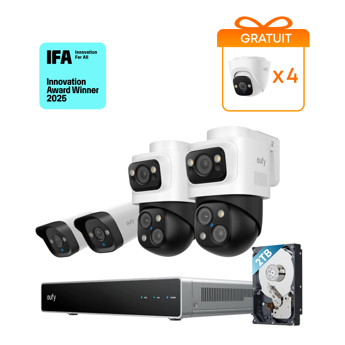 eufy Système de sécurité NVR PoE S4, 2 caméras Bullet PTZ et 2 Bullet