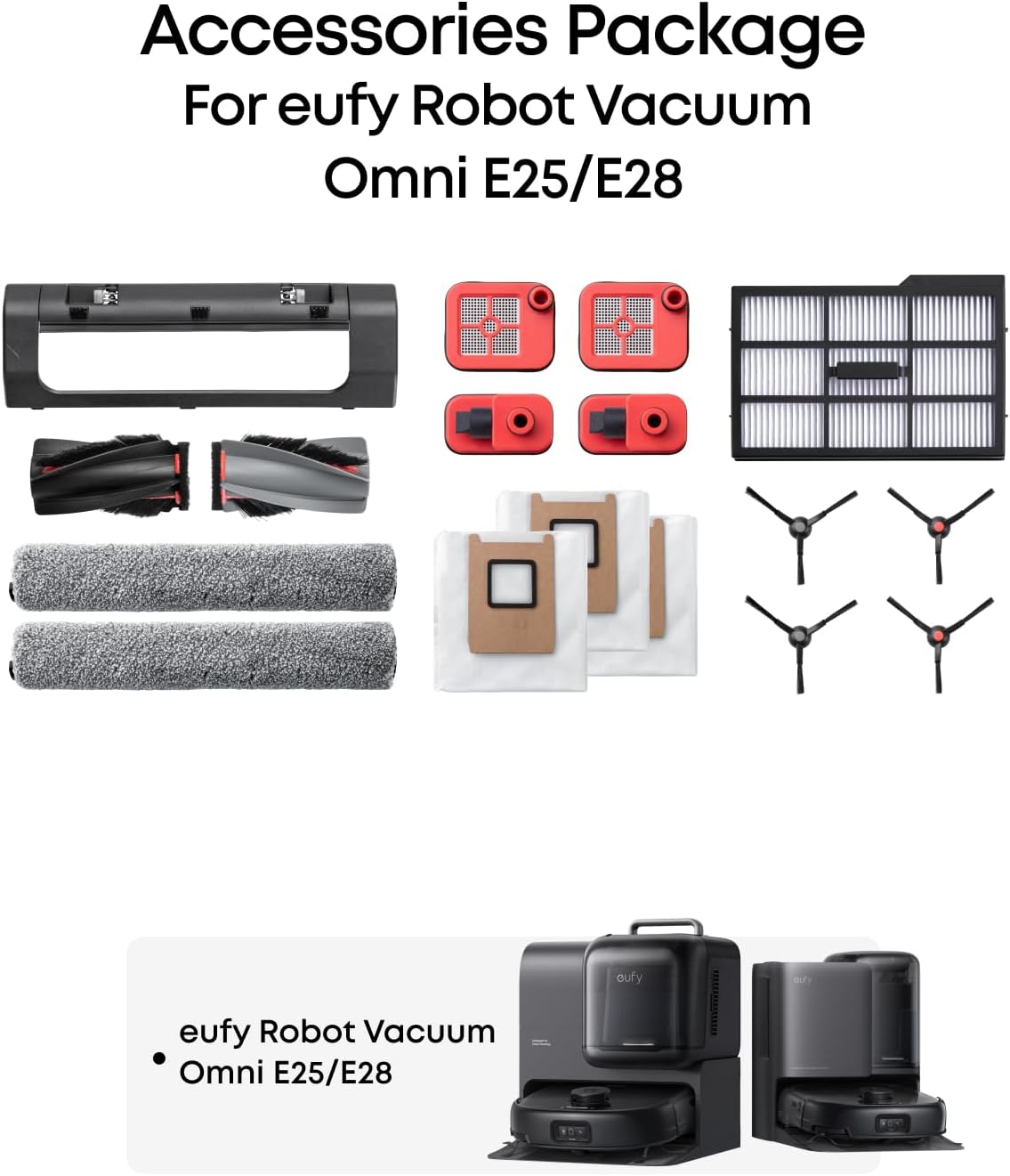 Kit de pièces de rechange pour robot aspirateur Omni E25/E28 eufy, brosse rotative avec poils et caoutchouc, protège-brosse, 2 brosses latérales, filtre lavable et 2 patins de nettoyage